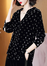 DIY Black V Neck Dot Print Button Velour Shirts Long Sleeve