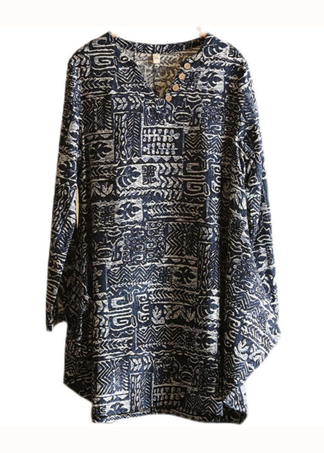 DIY Black V Neck Print Patchwork Linen Dress Spring