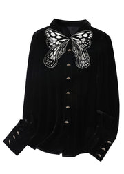 DIY Blackish Green Butterfly Peter Pan Collar Silk Velour Shirt Long Sleeve