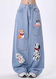 DIY Blue Animal Embroidered Denim Straight Pants Spring