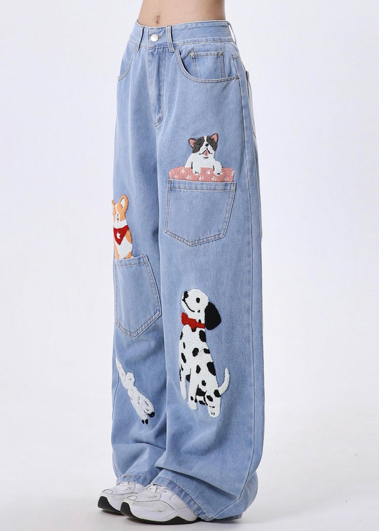 DIY Blue Animal Embroidered Denim Straight Pants Spring