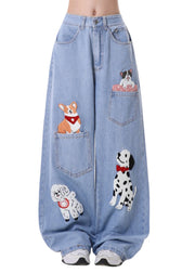 DIY Blue Animal Embroidered Denim Straight Pants Spring