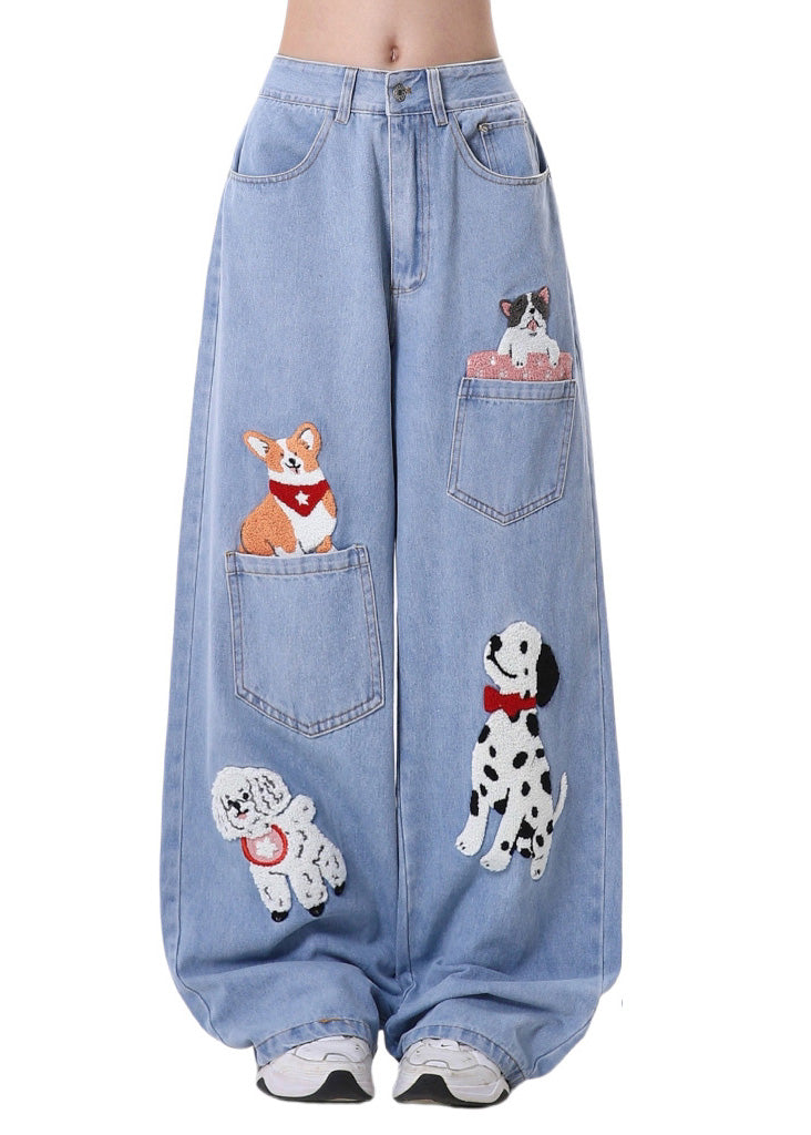 DIY Blue Animal Embroidered Denim Straight Pants Spring