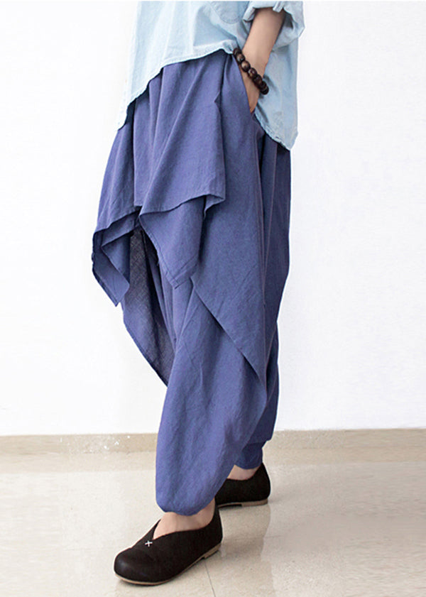 DIY Blue Asymmetrical Design Pockets Linen Pants Skirt Fall