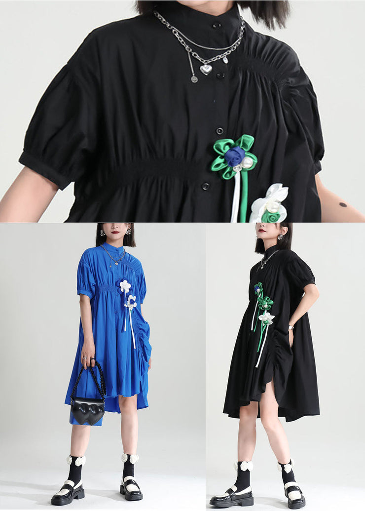 DIY Blue Asymmetrical Wrinkled Applique Cotton Robe Dresses Short Sleeve