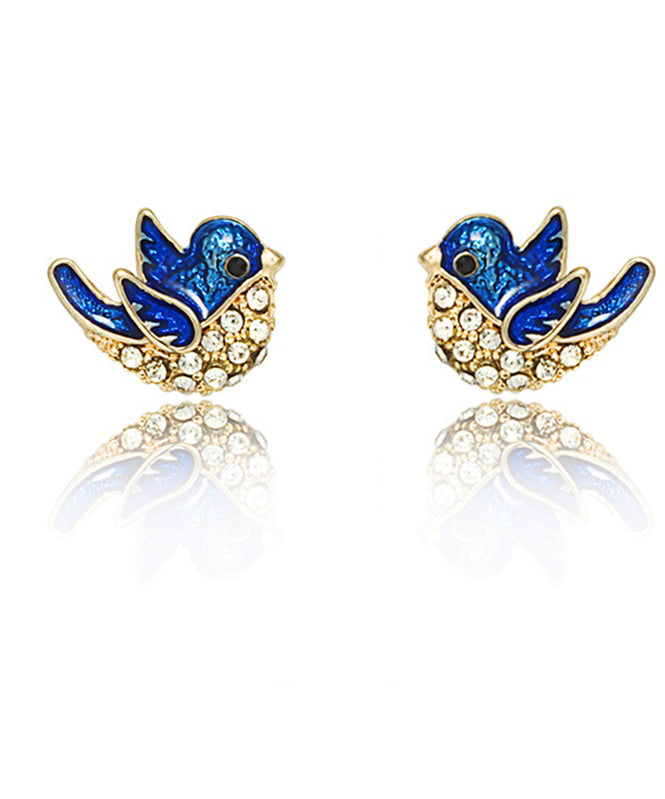 DIY Blue Copper Zircon Enamel Little Bird Stud Earrings