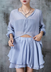 DIY Blue Low High Design Cotton Two Pieces Set Summer