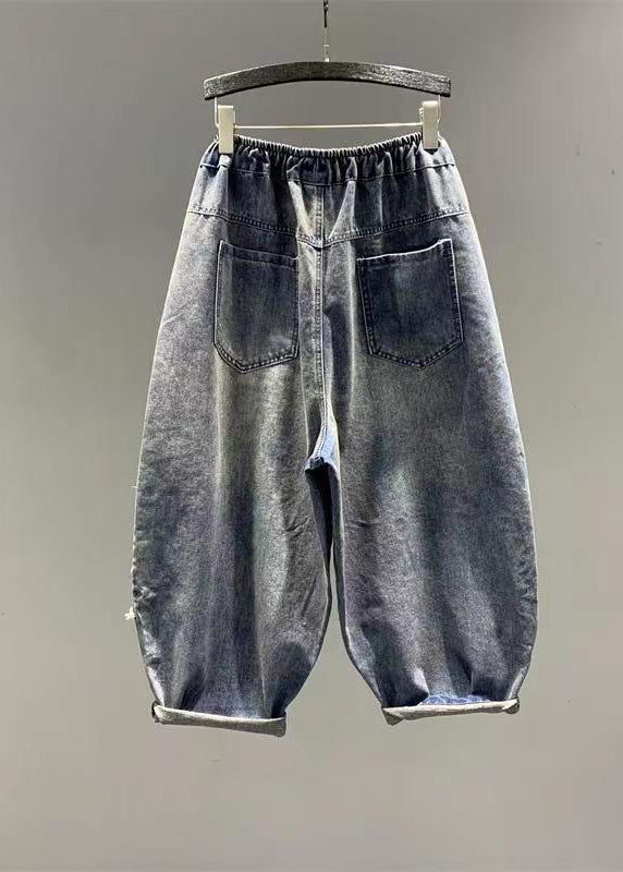 DIY Blue Pockets Patch Elastic Waist Denim Pants Summer