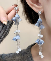 DIY Blue Sterling Silver Zircon Pearl Floral Tassel Drop Earrings
