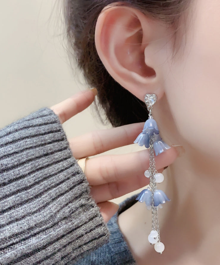 DIY Blue Sterling Silver Zircon Pearl Floral Tassel Drop Earrings