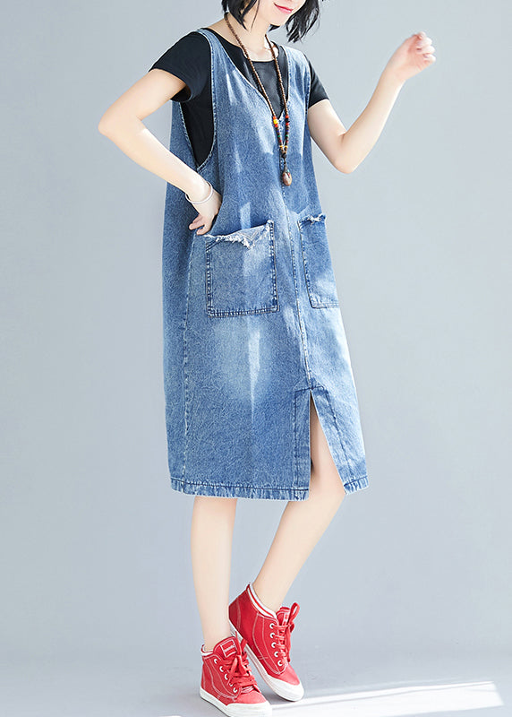 DIY Blue V Neck Pockets Side Open Denim Strap Dresses Summer