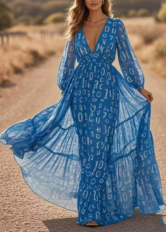 DIY Blue V Neck Print Chiffon Long Dresses Lantern Sleeve