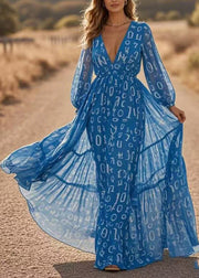 DIY Blue V Neck Print Chiffon Long Dresses Lantern Sleeve