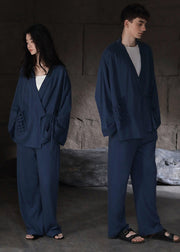 DIY Blue V Neck Tie Waist Cotton Pajamas Two Pieces Set Long Sleeve