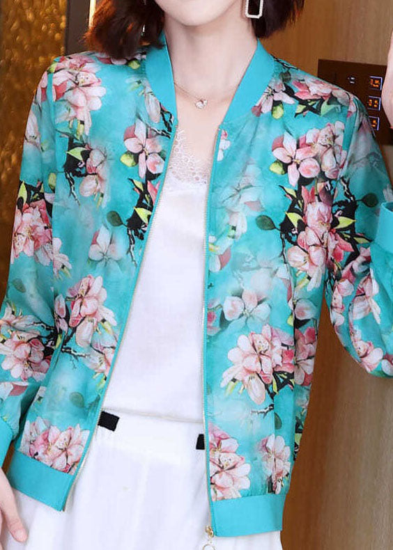 DIY Blue V Neck Zippered Print Patchwork Silk Jacket Summer