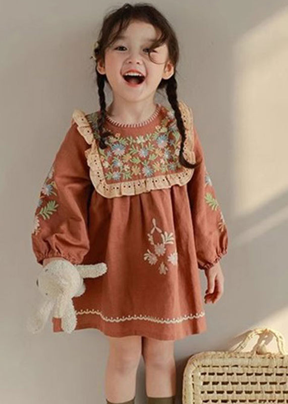 DIY Brick Red Embroideried Hollow Out Kids Mid Dress Fall