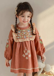 DIY Brick Red Embroideried Hollow Out Kids Mid Dress Fall