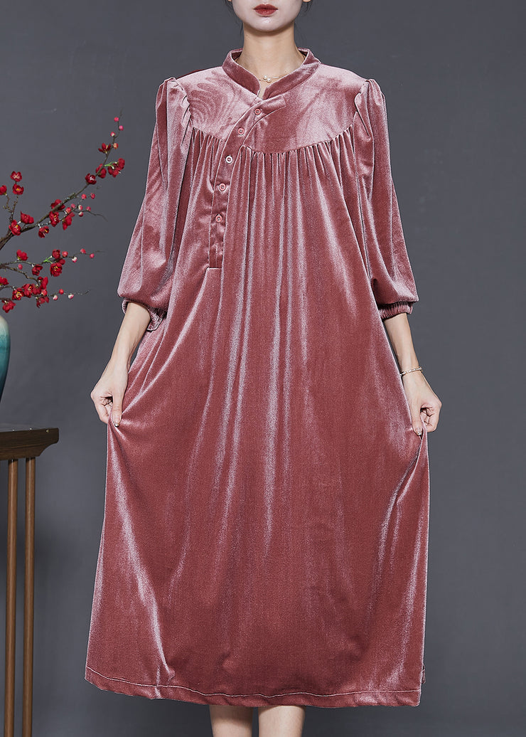 DIY Brick Red Stand Collar Oversized Silk Velvet Dress Spring
