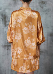 DIY Brown Asymmetrical Print Silk Oriental Sets 2 Pieces Puff Sleeve