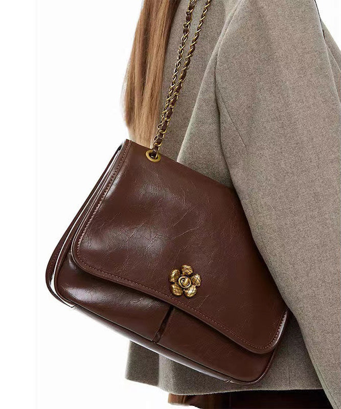 DIY Brown Floral Chain Linked Patchwork Faux Leather Satchel Handbag