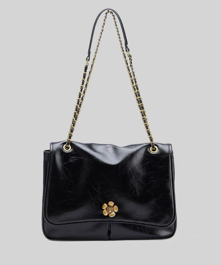 DIY Brown Floral Chain Linked Patchwork Faux Leather Satchel Handbag