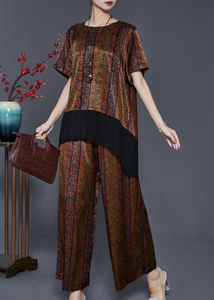 DIY Brown Oversized Patchwork Silk Women Sets 2 Pieces Summer