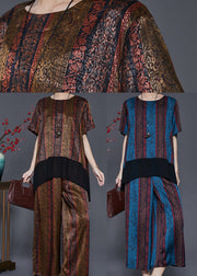 DIY Brown Oversized Patchwork Silk Women Sets 2 Pieces Summer