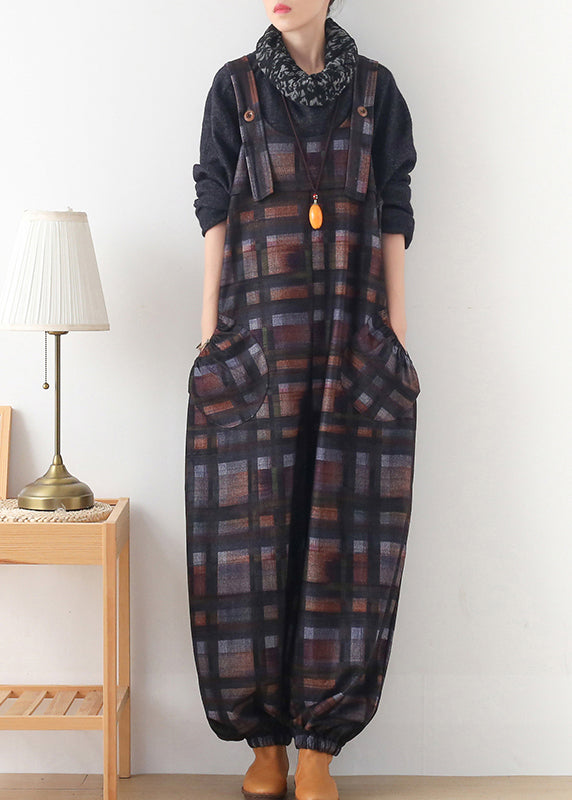 DIY Chocolate Colour Plaid Button Woolen Jumpsuit Pants Fall