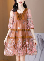 DIY Chocolate Embroideried Ruffled Lace Up Organza Dresses Half Sleeve