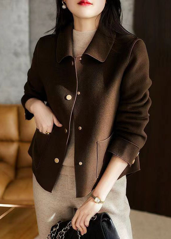 DIY Coffee Peter Pan Collar Pockets Patchwork Woolen Jackets Fall