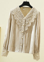 DIY Chocolate V Neck Lace Patchwork Silk Velour Shirt Long Sleeve