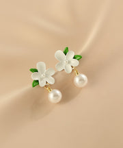 DIY Colorblock Alloy Pearl Gardenia Drop Earrings