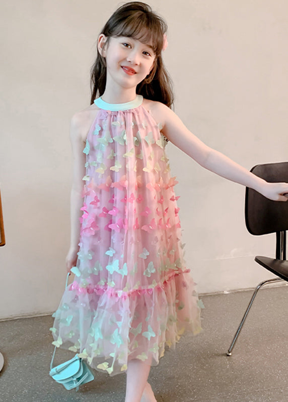 DIY Colorblock Butterfly Embroideried Tulle Girls Long Dresses Summer