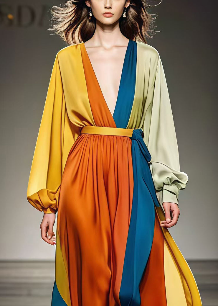 DIY Colorblock Cinched Patchwork Draping Chiffon Holiday Dresses Fall