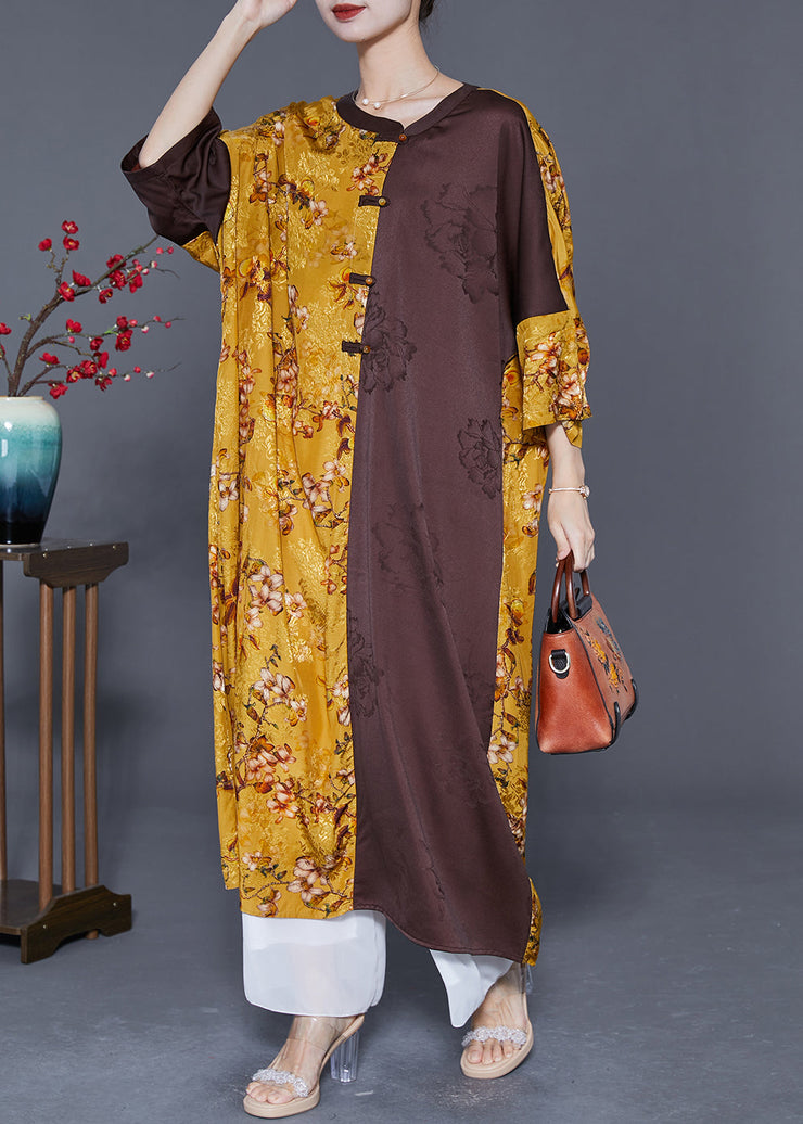 DIY Colorblock Oversized Patchwork Chinese Button Silk Long Dress Summer