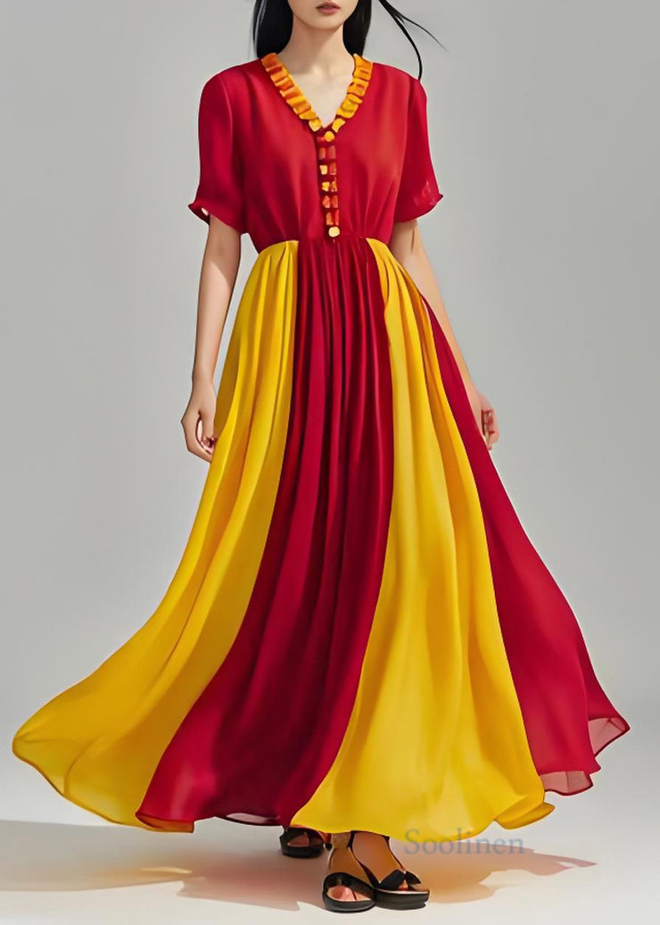 DIY Colorblock V Neck Ruffled Patchwork Chiffon Maxi Dress Summer