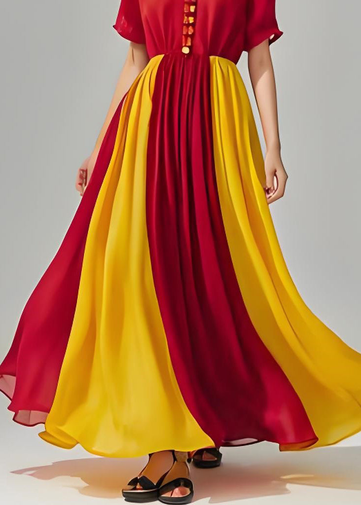 DIY Colorblock V Neck Ruffled Patchwork Chiffon Maxi Dress Summer