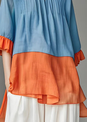 DIY Colorblock Wrinkled Low High Design Cotton Top Butterfly Sleeve