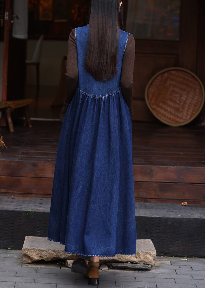 DIY Denim Blue V Neck Embroidered Patchwork Maxi Denim Vest Dress Sleeveless