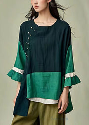 DIY Dull Green Asymmetrical Patchwork Linen Shirt Tops Flare Sleeve