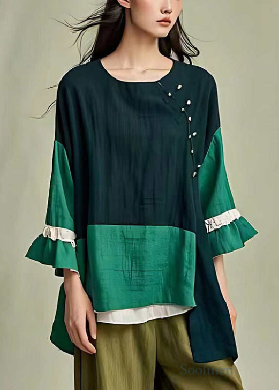 DIY Dull Green Asymmetrical Patchwork Linen Shirt Tops Flare Sleeve