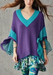 DIY Dull Purple V Neck Patchwork Tulle Sweater Fall