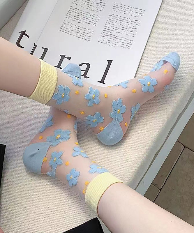DIY Floral Jacquard Sheer Mesh Mid Calf Socks