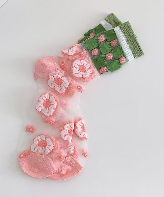 DIY Floral Jacquard Sheer Mesh Mid Calf Socks