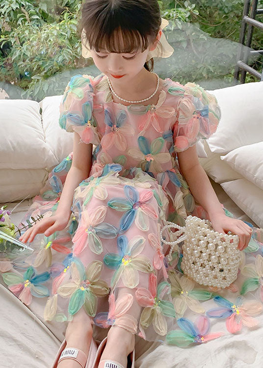 DIY Floral Wrinkled Patchwork Tulle Kids Girls Dresses Puff Sleeve