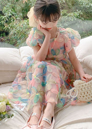 DIY Floral Wrinkled Patchwork Tulle Kids Girls Dresses Puff Sleeve