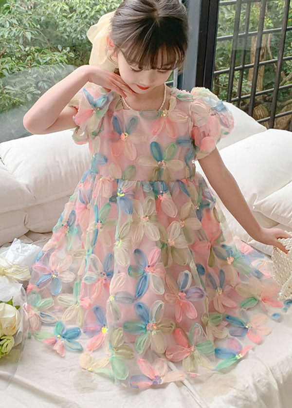 DIY Floral Wrinkled Patchwork Tulle Kids Girls Dresses Puff Sleeve