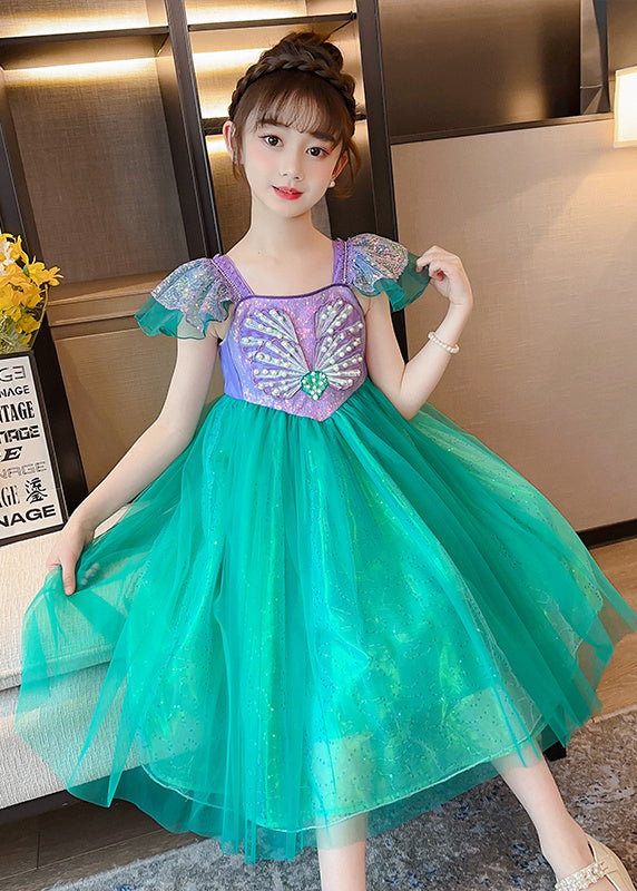 DIY Fluorescent Green Sequins Patchwork Tulle Baby Girls Party Dress Summer