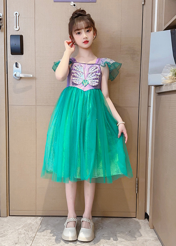 DIY Fluorescent Green Sequins Patchwork Tulle Baby Girls Party Dress Summer