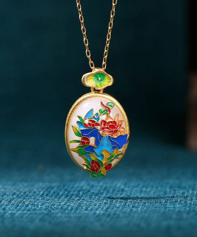 DIY Gold Ancient Gold Jade Enamel Floral Pendant Necklace
